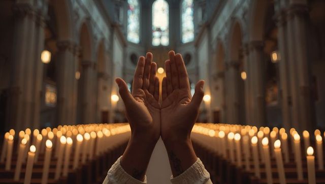Tattooed hands raised in prayer inside candlelit cathedral nave showing reverence in warm glow