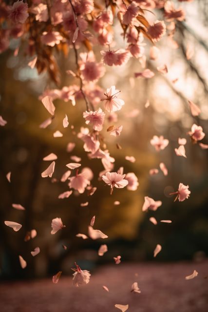 Cherry blossom petals are floating in the air against a warm spring sunset. This serene scene can be useful for backgrounds, nature-themed designs, or themes related to peace and beauty in advertisements and posters.
