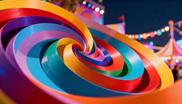 Vibrant Spiral Ribbon Sculpture Twisting Inward under Carnival Lights at Night Fair