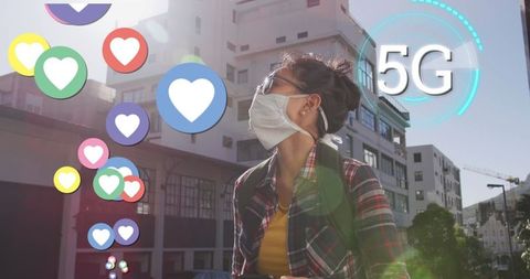 Masked woman outdoors with 5g digital connectivity icons