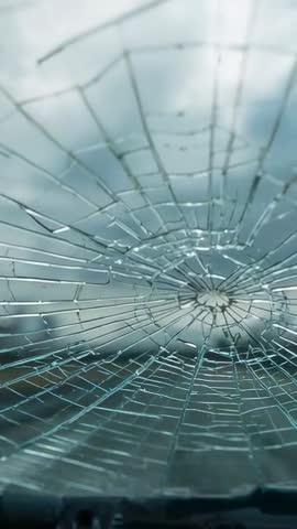 Vertical car video revealing shattered windshield with dashboard and cloudy sky