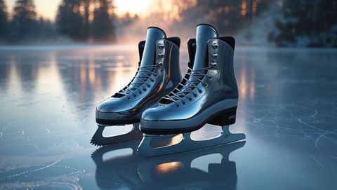 Polished ice skates reflecting dawn light on frozen ice skating lake