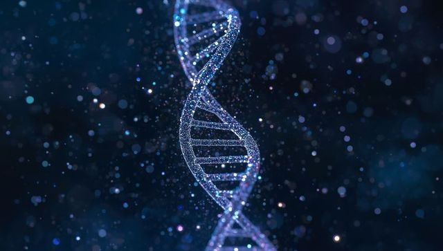 Glowing dna helix in cosmic digital scene