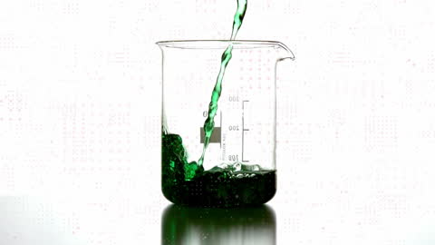 Green Liquid Pouring Into Beaker with Abstract Digital Spots