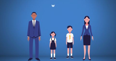 Family Social Distancing with Masks on Blue Background