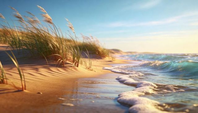 Waves lapping at sandy dunes with rippled sand and sea oats in golden light