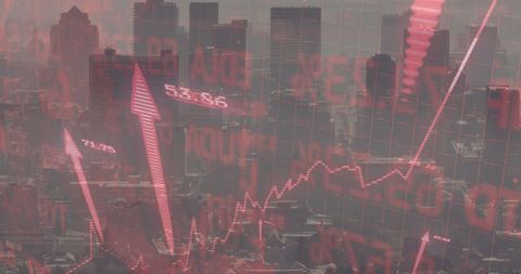 Digital Data Overlay on Cityscape Illustrating Financial Growth