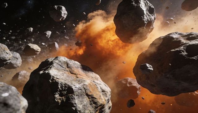 Asteroid field colliding with fiery gas cloud, floating space rocks drifting in dust