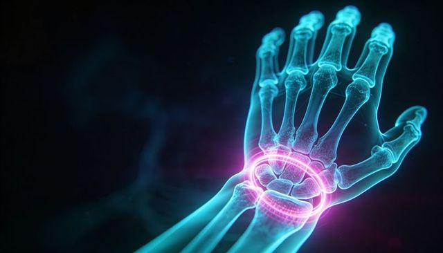Glowing 3d neon wrist skeleton showing carpal anatomy with holographic magenta ring