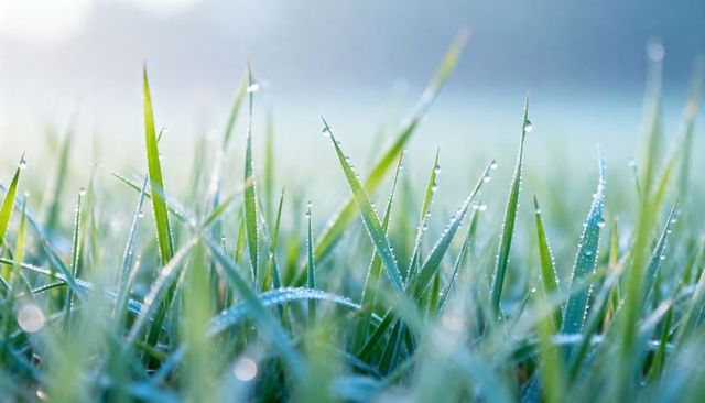 Glistening dew-covered grass blades catching morning backlight with soft bokeh