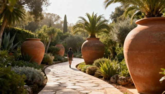 Sunlit mediterranean garden path with terracotta urns and man walking at golden hour