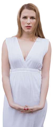 Young Caucasian Woman in White Dress Isolated on Transparent Background