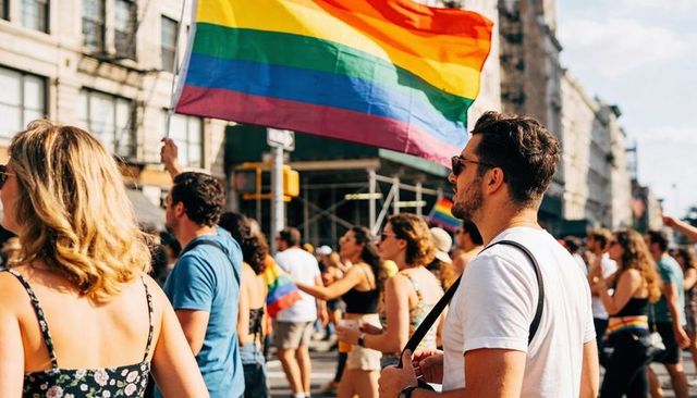 Man walking in summer pride parade under waving rainbow flag on city avenue
