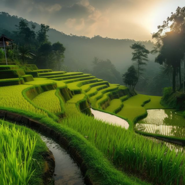 General view of rice fields, created using generative ai technology. Rice fields, farming and nature concept digitally generated image.