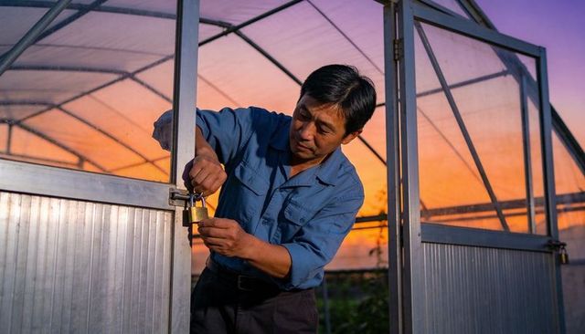 Asian farmer locking greenhouse door at sunset securing crops and protecting harvest