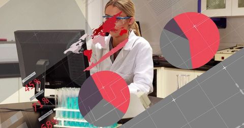 Researcher Analyzing Data with Charts and Map Overlay in Laboratory