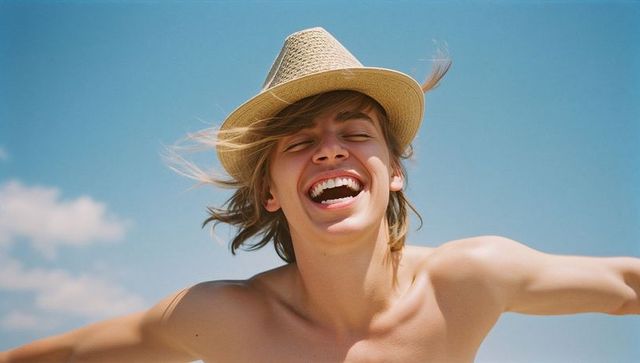 Laughing young man wearing straw fedora, arms raised, enjoying sunny beach breeze