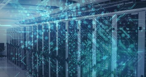 Glowing server racks with circuit overlay powering cloud infrastructure and network systems