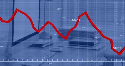 Red Graph Line over Office Workspace Representing Market Trends - Download Free Stock Images Pikwizard.com