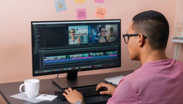 Young content creator editing video on large monitor at organized home desk workspace