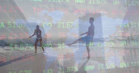 Couple Enjoying Beach with Financial Stock Index Overlay