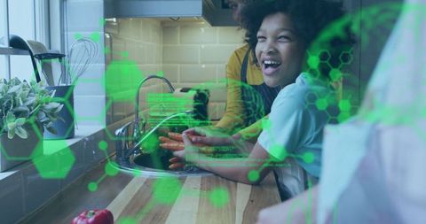 Mother and Child Enjoy Washing Vegetables with Futuristic Tech Interface