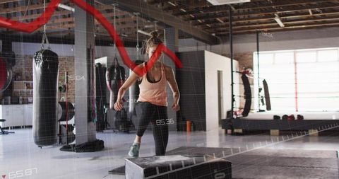Woman stepping on plyo box with fitness metrics overlay in industrial gym