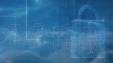 Digital Security Network with Data Processing and Lock Icon