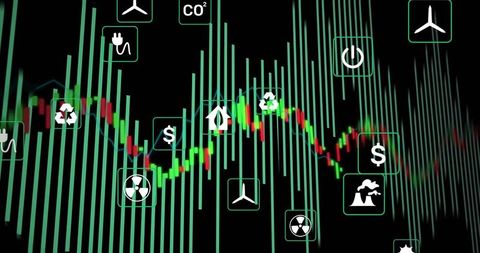 Futuristic energy data analytics with green power icons on black interface