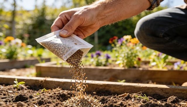 Hand scattering seeds into raised garden bed during sunny spring planting for backyard