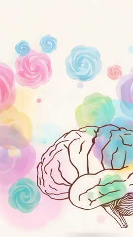 Drifting pastel spirals orbiting rainbow brain vertical video for creativity and innovation