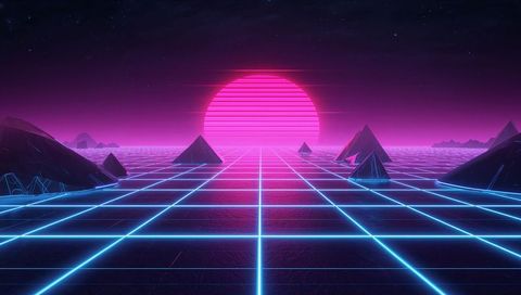 Neon synthwave horizon featuring glowing magenta sun, cyan grid and futuristic pyramids