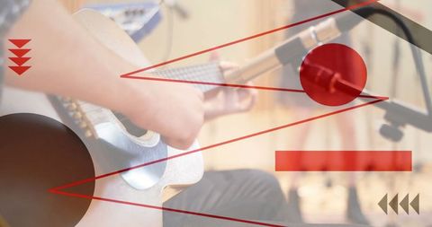 Musician strumming acoustic guitar with modern graphic overlay