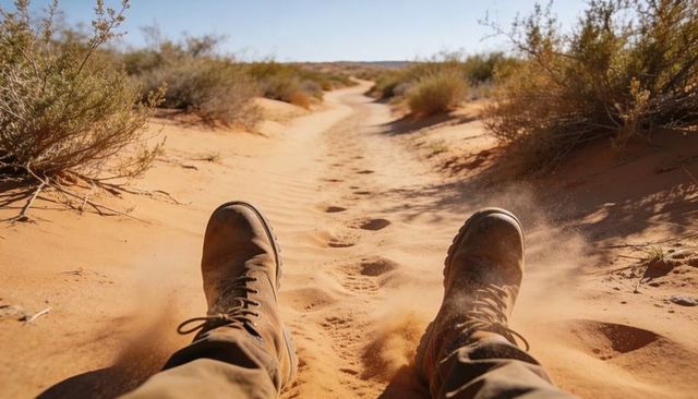 Hiker boots extending on sandy desert trail, sand kicking, footprints leading away