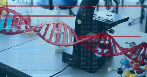 Digital DNA Strand over Scientific Laboratory Setting