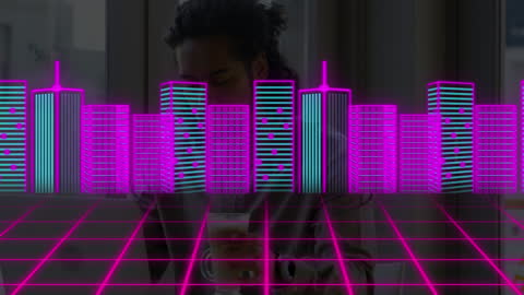 Retro 80s Animation of Executive Working on Laptop in Cafe