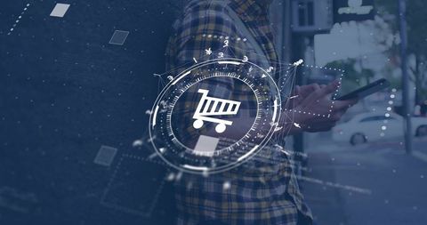 Man holding smartphone tapping shopping cart hud overlay on urban street wearing plaid shirt