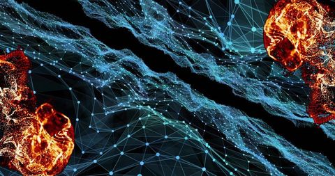 Flowing neon neural network with streaming particle ribbons and glowing molten clusters