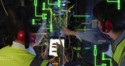 Technicians collaborating on network cabling using tablet with AR overlay inside datacenter racks