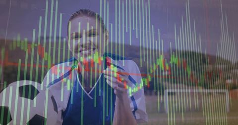 Female Soccer Player Smiling Celebrating Holding Gold Medal and Ball with Stock Market Chart Overlay