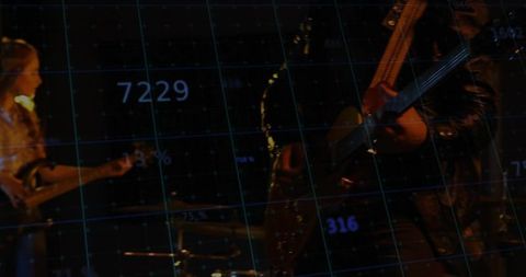 Live band performance with digital grid overlay