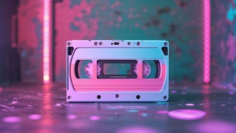 Retro cassette glowing with neon vaporwave aesthetic