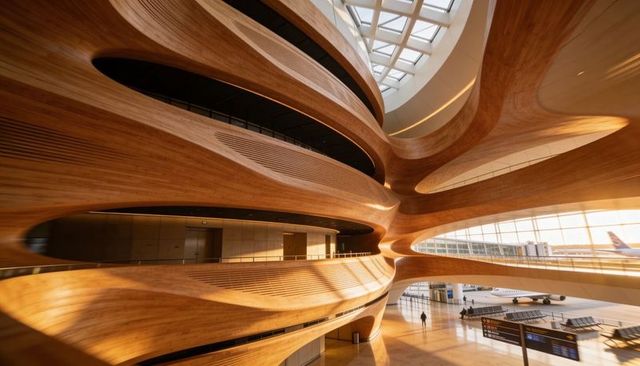 Showcasing soaring wooden curves and sweeping balconies in contemporary airport atrium