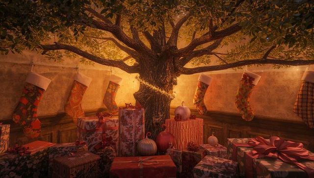 Festive Christmas Scene with Tree, Stockings and Gifts Illuminated