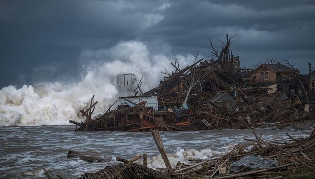 Churning waves wreak havoc on storm-tossed debris beach