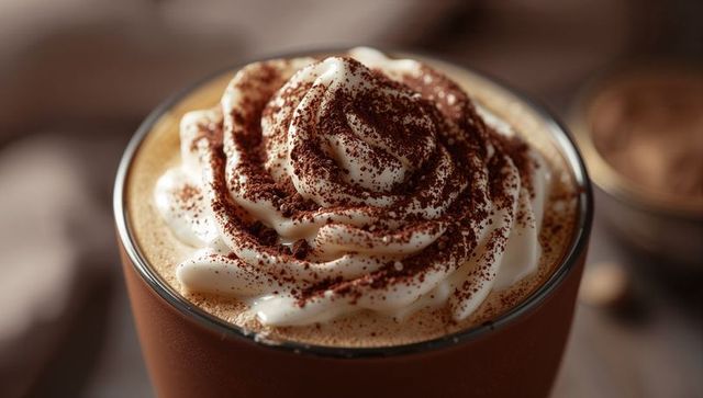 Tall Glass Coffee Drink Topped with Whipped Cream and Cocoa