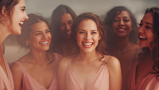 Smiling Bridesmaids in Pink Dresses Celebrating Together Harmoniously