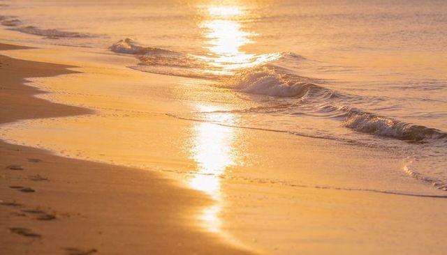 Golden sunset reflecting on wet sand, footprints leading along gentle waves