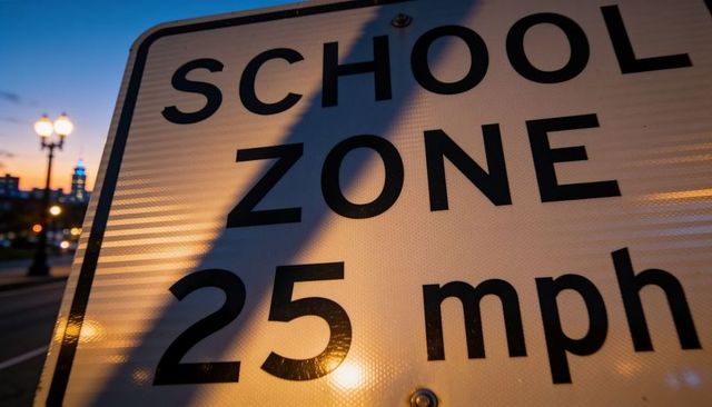 Glowing retroreflective school zone 25 mph sign reflecting vehicle lights at twilight