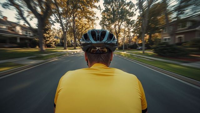 Cyclist in yellow jersey biking through sunlit suburban street
